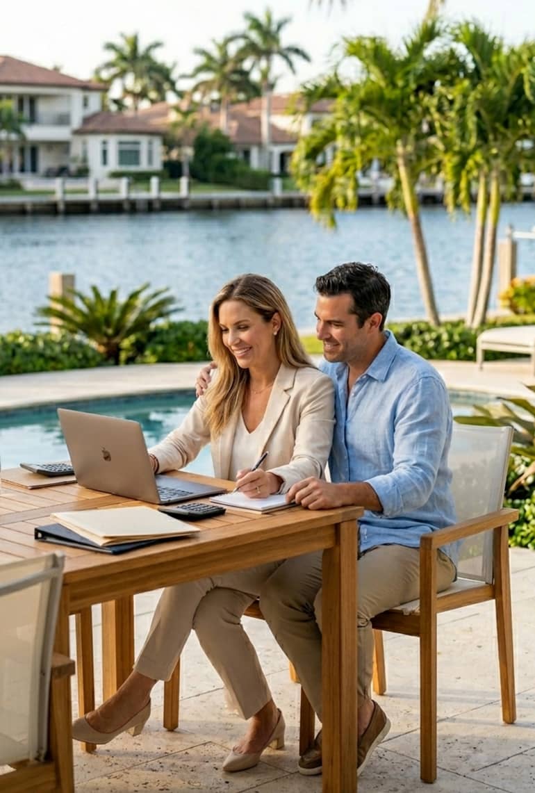 Couple working on laptop by Florida waterfront pool